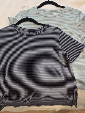Lands' End Short Sleeve Striped Crewneck Tees in Navy & Mint
